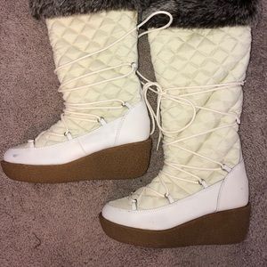 White wedge fur boots
